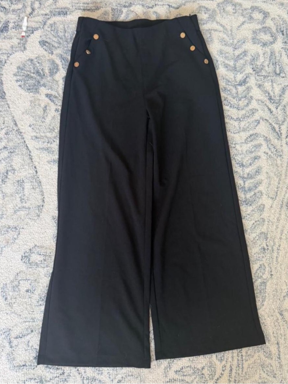 High-Waist Wide Leg Black Pants with Gold Buttons